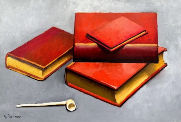 Livres rouges et pipe blanche